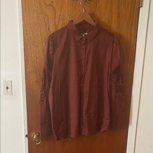 Chico's Burgundy/ Brown Button Down Shirt with Lace Detail. Size 3 (XL). New